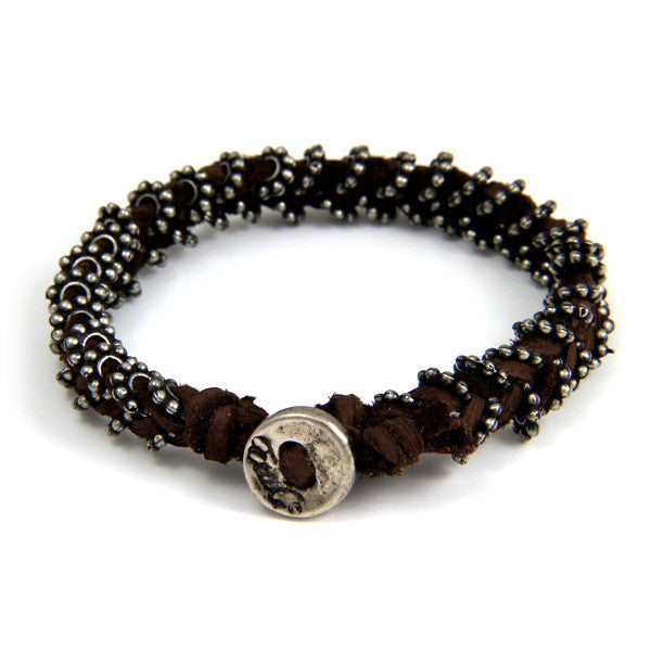 Mens Silver Collared Barrel Beaded Double Wrap Bracelet on Black Leather  with Charms