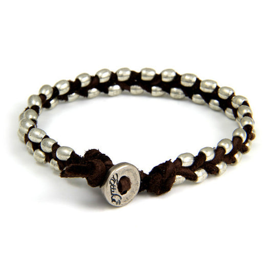 Double Silver Barrel Bead Mens Bracelet on Brown Leather