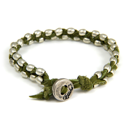 Double Silver Barrel Bead Mens Bracelet on Olive Leather