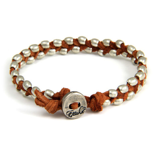 Double Silver Barrel Bead Mens Bracelet on Rust Leather