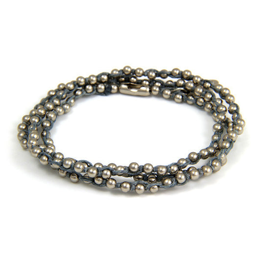 Triple Wrap Grey Waxed Linen on Silver Ball Chain Bracelet