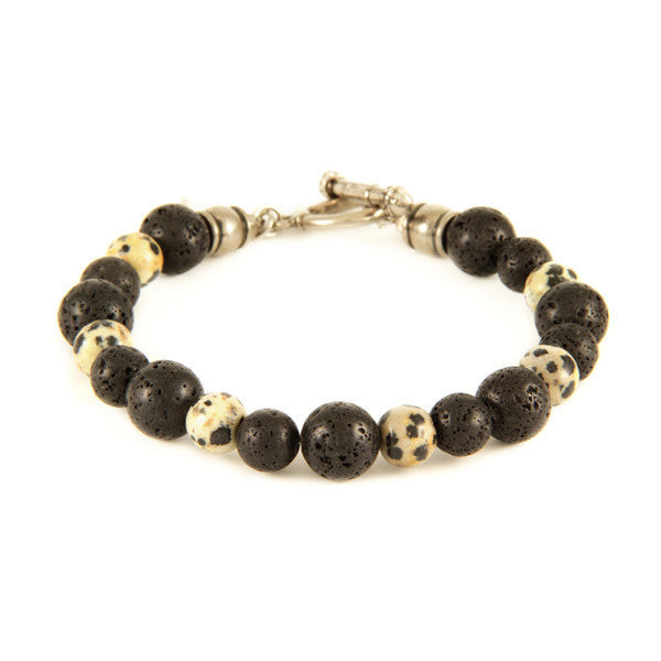 Mens Lava Bead and Dalmatian Stone Bracelet