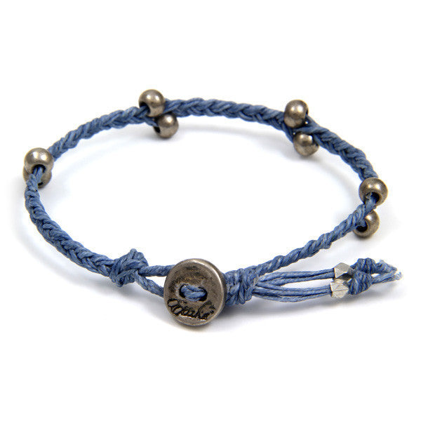 Denim Irish Waxed Linen Bracelet with Barrel Bead Accent and Button Closure