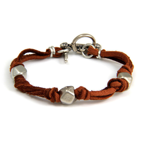 Silver Triple Beaded Men's Rust Deerskin Leather Bracelet