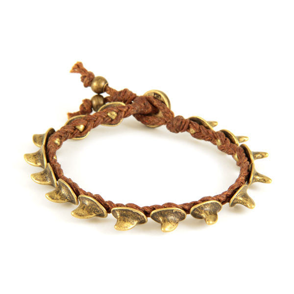 Mens Brown Braided Waxed Linen Bracelet with Shark Fin Charms