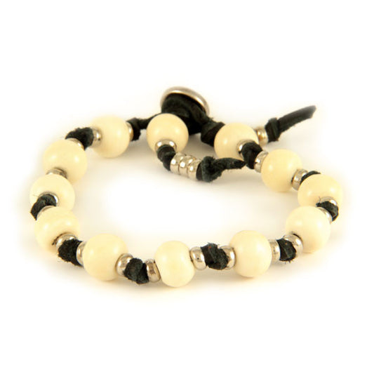 Mens White Bone and Silver Beaded Bracelet on Black Deerskin Leather