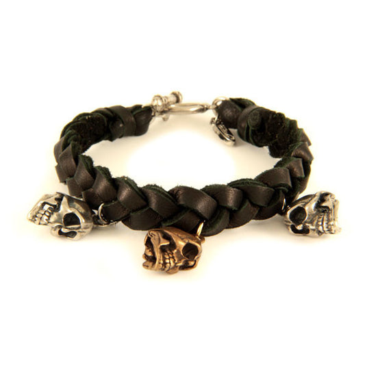 Mens Black Braided Deerskin Leather Bracelet with Skull Charms