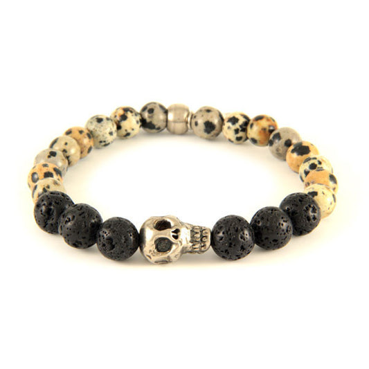 Mens Lava Bead and Dalmatian Stone Bracelet with Skull Charm