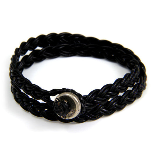 Black Braided Men's Leather Wrap Bracelet with Silver Button Closure