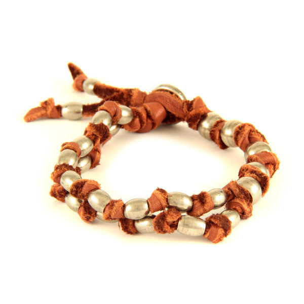 Mens Rust Knotted Leather Bracelet with Silver Beads