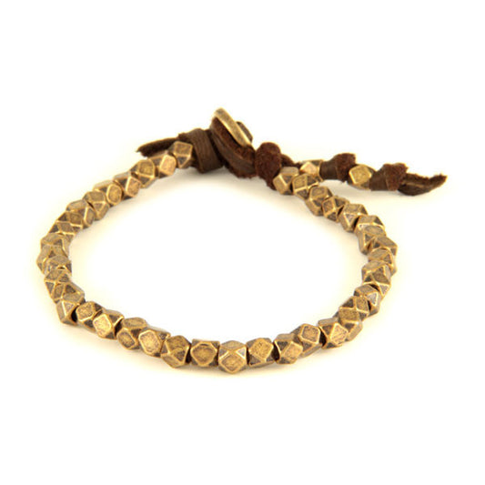 Mens Brass Beaded Bracelet on Brown Leather