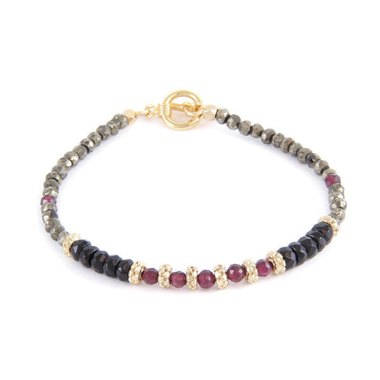 Black and Red Faceted Beads with Small Faceted Pyrite Beads Toggle Bracelet