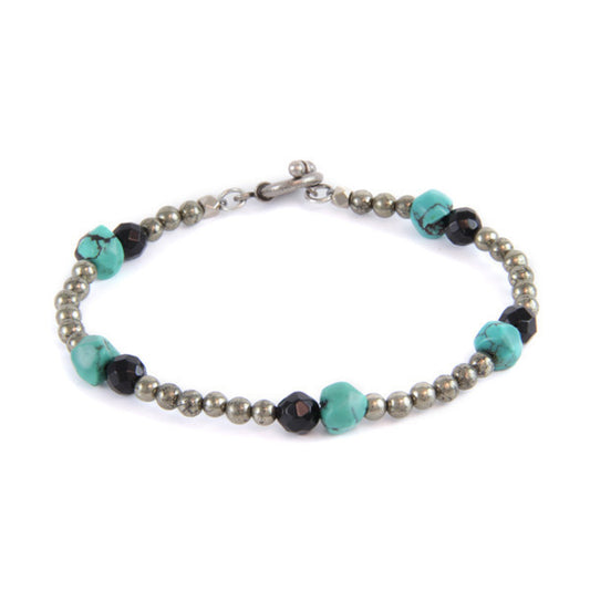 Turquoise and Black Faceted Crystal Pairings with Metals Beads Toggle Bracelet