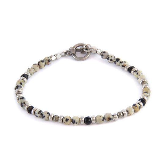 Dalmatian Semi-Precious Stone and Small Black Faceted Accent Bead Toggle Bracelet