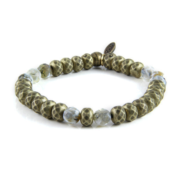 Multi Faceted Metal Beads with White Marble Accent Beads Stretch Bracelet