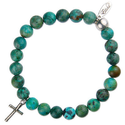 MB327 - Cross Pendant Charm Semi Precious Stone Ball Stretch Bracelet