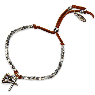 MB627S - Fleur De Lys Shield and Cross Charm Faceted Bead Strand Adjustable Deerskin Leather Bracelet